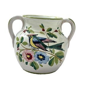 Vanro Made in Italy Pottery Vase Bird Floral Painted Handles Cottage Cabin Jar